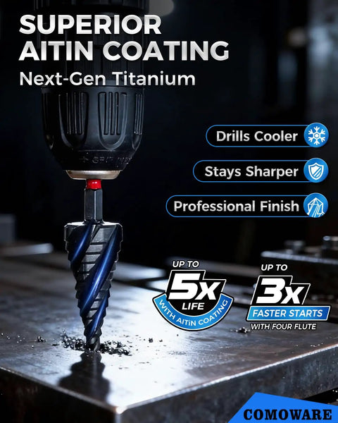 Step Drill Bit Set For Metal With Four Spiral Flute Bits 5-Piece 0.125 To 1.375 Inch Range AITIN Coated Hex Shank 0.25 Inch
