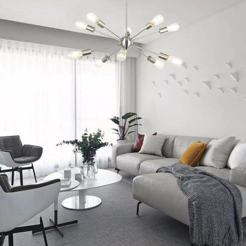 Modern living room featuring the Sputnik Chandelier Lighting Dope 10 Light Modern Starburst Pendant Ceiling Fixture With Brushed Nickel Finish