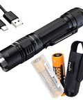 PD36R Pro Dual Battery Bundle 2800 Lumen USB C Rechargeable Tactical Flashlight with cable, batteries, and holster shown