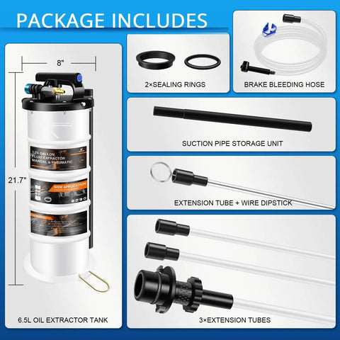 6.5L Pneumatic And Manual Oil Extractor Pump Kit With Vacuum Change Evacuator, Extension Tubes, And Brake Bleed Hose For Automotive And Agricultural Machinery package contents.