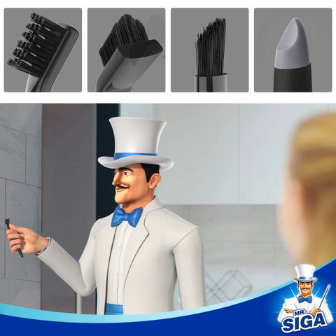 Grout Cleaning Brush Set For Tile And Sink Grout Edges And Crevices With V Shape Edge Brush and character illustration