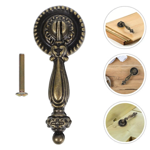Vintage Retro Zinc Alloy Cabinet Knob Round Pull Handle With Single Hole For Kitchen Bedroom Closet Doors Old School Vibe Durable Antique Style Metal Drawer Pull Hardware shown with screw and mounted examples
