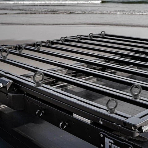Badass M6 T Track Bolts With Killer Eye Nuts For Heavy Duty Roof Rack Builds Black Finish 304 Stainless Steel Tough Cargo Tie Down Universal Hardware Pack Of Four on a roof rack.