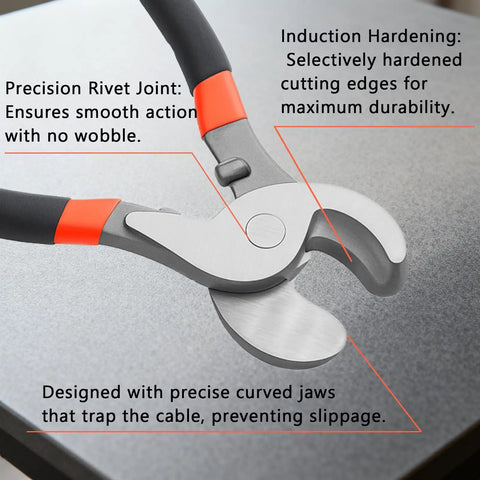 Heavy Duty 10 Inch Cable Cutters featuring high leverage grip for snipping 4/0 aluminum and 2/0 soft copper, with curved jaws.