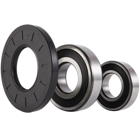 Heavy Duty Washer Tub Bearing Replacement Kit With Double Lip Shaft Seal For Top Load Dryers Replacing Wh45x10071 Includes Precision Abec5 Bearings close-up showing seals and bearings.