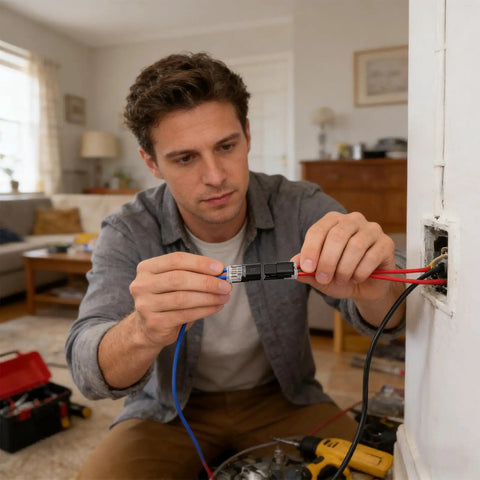 Man using Double Wire Plug In Connectors With Locking Buckle No Wire Stripping Required Quick Connect Two Pin Electrical Splice