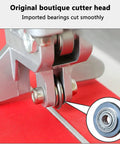 Close-up of 600mm To 1000mm Manual Tile Cutter cutting wheel and bearings for precise cuts with laser positioning on red base.