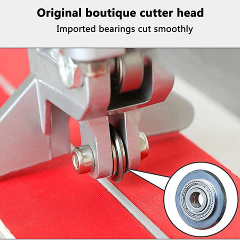 Close-up of 600mm To 1000mm Manual Tile Cutter cutting wheel and bearings for precise cuts with laser positioning on red base.