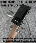 3 In 1 Magnetic Tool Holder With Hammer Belt Clip And Tape Measure Holder attached to a hammer handle on a grey background