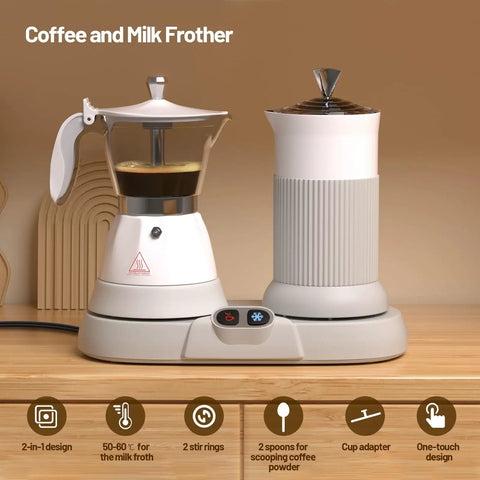 Straight Fire Game Changer Electric Espresso Machine With Fast Steam Milk Frother Two In One Countertop Coffee Brewer on wooden countertop.
