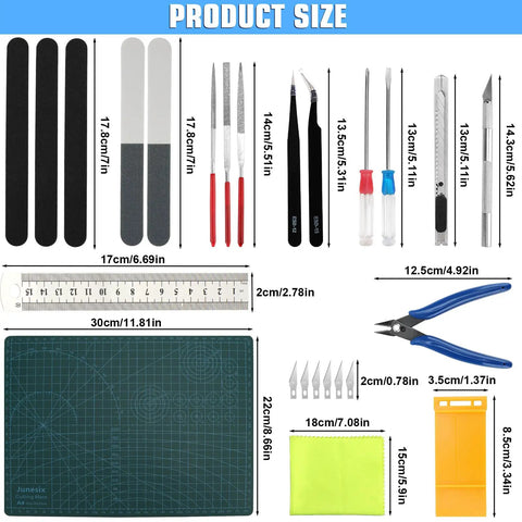 Diagram showing the sizes of items in 25-Piece Model Building Tools Kit For Hobbyists And DIY Enthusiasts With Cutting Sanding Engraving Disassembly