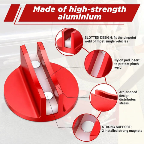 Universal Aluminum Grooved Magnetic Jack Pads 4 Pack With Pinch Weld Adapters, showing grooved design and strong magnets.