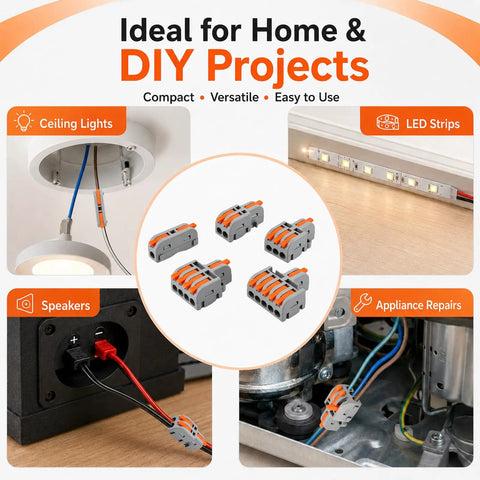 Image showing 32 Piece Assorted Lever Wire Connectors Quick Push Connect Kit for DIY projects, featuring connectors for ceiling lights and appliances.