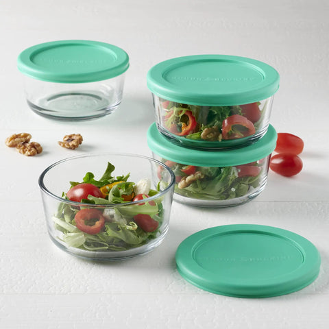 Two Cup Glass Storage Containers With Lids Set Of Four Mint Snugfit Lids Keeps Leftovers Fresh For Meal Prep with salad inside