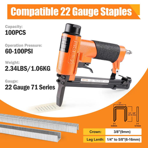 Pro-Grade 22 Gauge Pneumatic Upholstery Stapler With Long Nose Reach, 3/8-Inch Crown, 1/4-Inch To 5/8-Inch Staples, Heavy-Duty Fine Wire Stapler For Furniture And Upholstery Projects