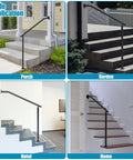 Pro Level Wrought Iron Hand Rails For Outdoor Steps 2 Or 3 Adjustable Indoor Outdoor Stair Railing Kit shown on various stairs.