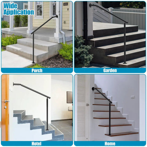 Pro Level Wrought Iron Hand Rails For Outdoor Steps 2 Or 3 Adjustable Indoor Outdoor Stair Railing Kit shown on various stairs.