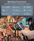 3 In 1 Infrared Thermometer Gun For Cooking, Grilling, Pizza Oven And Engine, Must Have Quick Minus 58F To 1112F Readings In 0.5s, Adjustable Emissivity, Pro Grade Digital Laser Temperature Gun, Includes Meat Probe And Carry Case. Handheld infrared thermometer over grilling steak