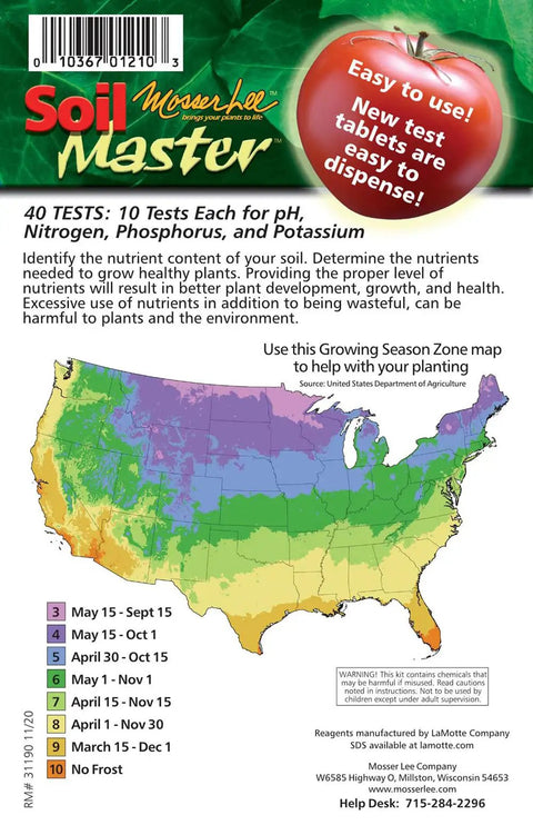 Back of ML1210 Soil Test Kit package with U.S. growing season map and nutrient test details for pH, nitrogen, phosphorus, potassium.