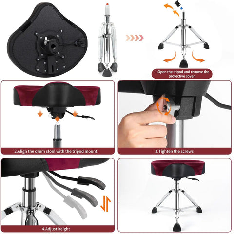 Hydraulic Saddle Drum Throne Dope Comfort For Adults, Heavy Duty Height Adjustable Suede Seat, Motorcycle Style Drum Stool With Black PU Leather, Dark Red Brown assembly view, tripod base, height adjustment