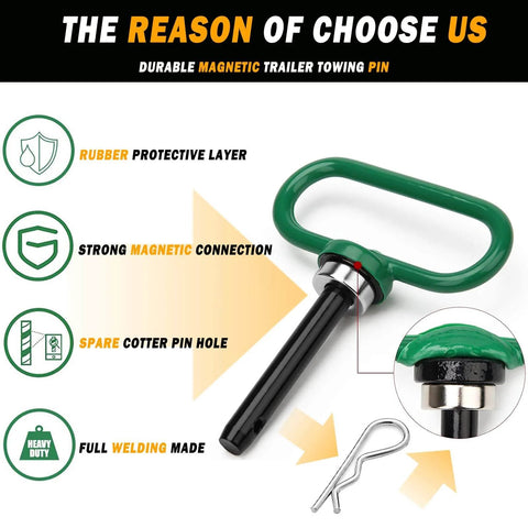 Two Pack Magnetic Trailer Hitch Pins With Handle And Clip 1/2 Inch For Lawn Mowers ATVs And Trailers For Easy One Hand Hook On And Off