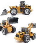 9 Channel RC Front Loader 4WD Alloy Shovel Loader Tractor With Lights Remote Control Bulldozer Construction Vehicle For Kids Aged 8 To 12 Years Old Durable Alloy Body For Realistic Play, shown from various angles on white background