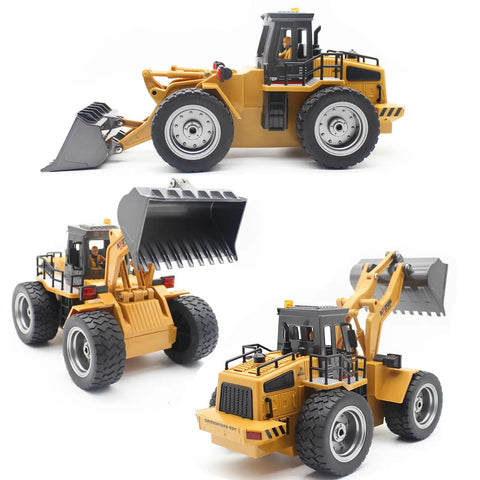 9 Channel RC Front Loader 4WD Alloy Shovel Loader Tractor With Lights Remote Control Bulldozer Construction Vehicle For Kids Aged 8 To 12 Years Old Durable Alloy Body For Realistic Play, shown from various angles on white background