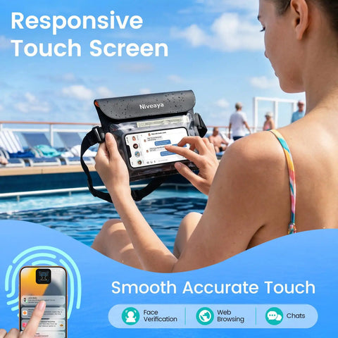 Using IPX8 Waterproof Fanny Pack Duo Dry Bag for touch screen by pool, perfect for beach trips and water activities, 2 pack