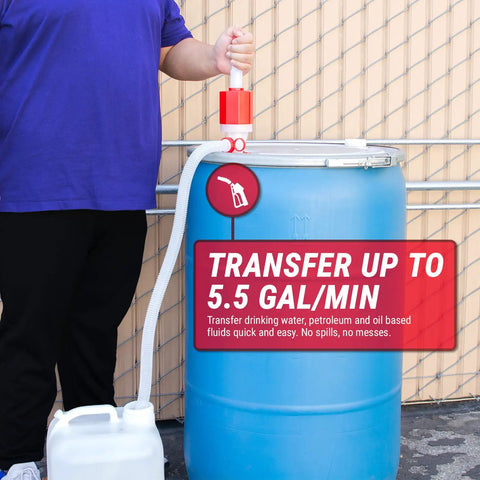 Person using Food Grade BPA Free 55 Gallon Drum Water Pump For Emergencies Disaster Ready Manual Hand Siphon With 5.5 Gpm Flow