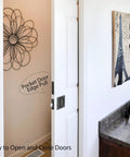 Open pocket door with Pocket Door Privacy Lock And Pull In Stainless Steel 304 for bed and bath, flush handle in a modern bathroom.