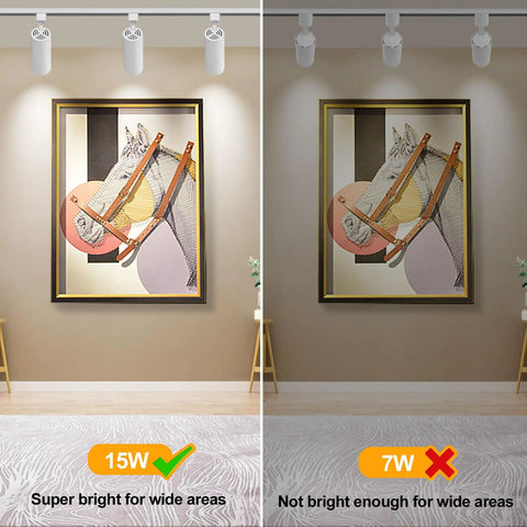 Comparison showing brightness of 15W Arcfox 4000K LED H Type Track Lighting Heads vs 7W lighting in gallery setting