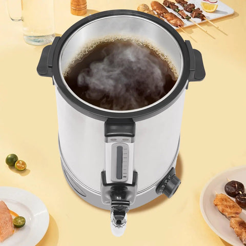 Commercial Electric Hot Water Dispenser 2200W Stainless Steel Boiler, top view with steam, 3.4 Gal Capacity