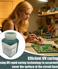 Woman applying Solder Green Epoxy UV Solder Mask for Circuit Boards with a bottle of PVC Insulation Masking Ink in foreground