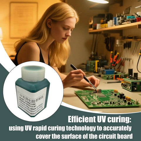 Woman applying Solder Green Epoxy UV Solder Mask for Circuit Boards with a bottle of PVC Insulation Masking Ink in foreground
