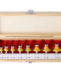 Pro Grade Eight Piece Roundover Router Bit Set With One Quarter Inch Shank Universal in wood case, high hardness alloy bits
