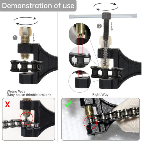 Demonstration of Universal Chain Breaker Tool Kit With 15 Piece Master Link Pins For 420 428 530 Chains Beefy Heavy Duty Steel
