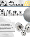 Durable 304 Stainless Steel Acorn Nuts Assortment Kit – 100 Pieces with Sizes Like 6#32, 8#32, 10#24, 10#32, 1/4"-20 shown arranged