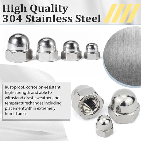Durable 304 Stainless Steel Acorn Nuts Assortment Kit – 100 Pieces with Sizes Like 6#32, 8#32, 10#24, 10#32, 1/4"-20 shown arranged
