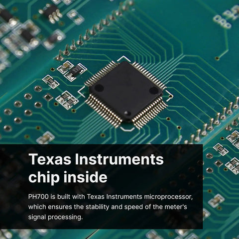 Close-up of Texas Instruments chip inside the PH700 Benchtop pH Meter with 0.01 pH accuracy and auto calibration features.