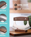 Coowolf Ulu mezzaluna knife with walnut handle and stainless steel blade on a walnut base stand