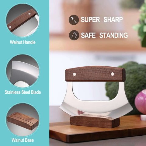 Coowolf Ulu mezzaluna knife with walnut handle and stainless steel blade on a walnut base stand