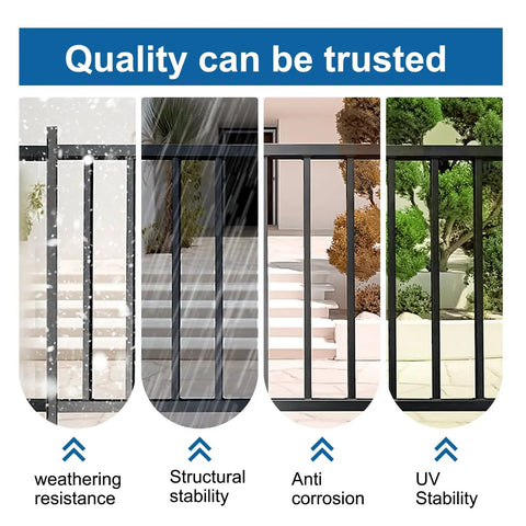 Top Notch Black Metal Deck Railing Kit With Weather Resistant Coating showing durability and features like weather resistance and structural stability.