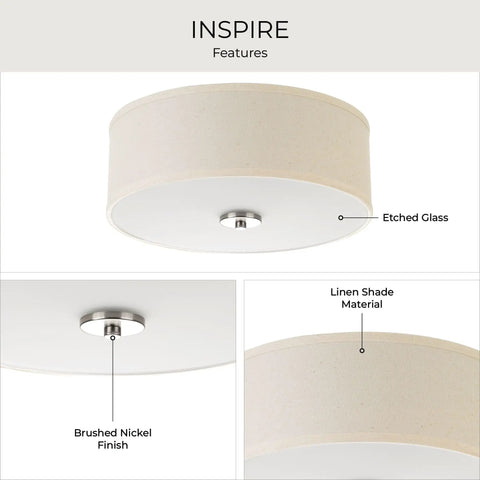 Close-up of two light flush mount in brushed nickel with off white linen shade and etched glass diffuser, 13-inch width, 5.5-inch height