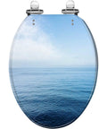 Elongated Resin Toilet Seat for Bathroom with ocean view design, 14.5" x 18.5" size, clear resin and chrome hinges.