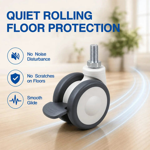 Real Smooth Roll 3 Inch Stem Caster Wheels With M12 Mount And Whisper Quiet Rubber Treads Heavy Duty Twin Wheel Casters For Care Beds Home Furniture That Handles Heavy Loads Like A Champ And Saves Floors, showcasing quiet rolling feature.