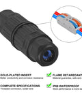 Close-up of IP68 Outdoor Waterproof Junction Box For 2 Way Cable Connector Quick Screwless Installation External Sleeve Coupler For AWG 28 To 12 Wires Beefy Durable Electrical Wiring Accessory, with connector detail.