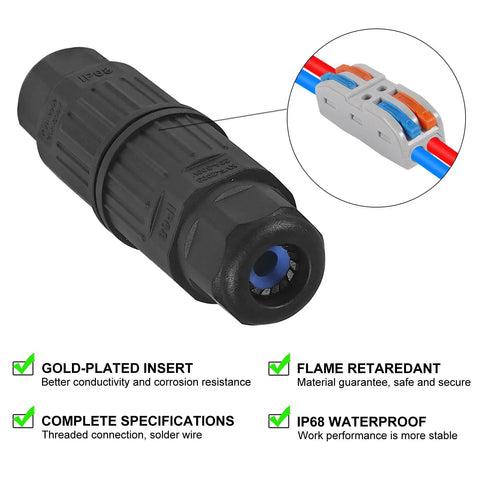 Close-up of IP68 Outdoor Waterproof Junction Box For 2 Way Cable Connector Quick Screwless Installation External Sleeve Coupler For AWG 28 To 12 Wires Beefy Durable Electrical Wiring Accessory, with connector detail.