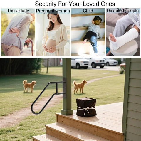 Top Tier U Shaped Handrail For Outdoor Steps And Indoor Stairs Wall Mounted Galvanized Steel Porch Deck Grab Bar shown beside outdoor dogs.