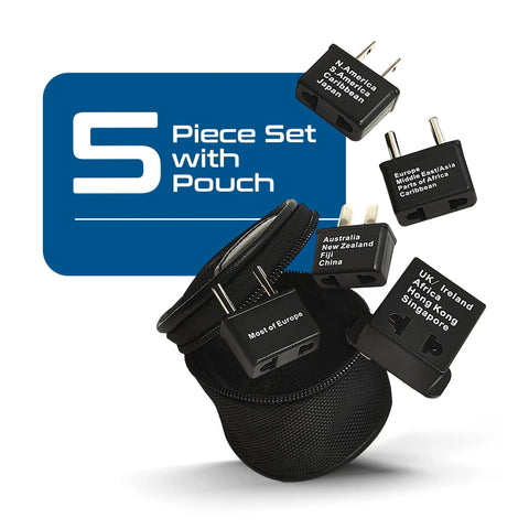 Image of a Worldwide Travel Plug Adapter Set, 5 Piece Kit For Phones, Laptops, And Chargers, Polarized Plugs Labeled By Country