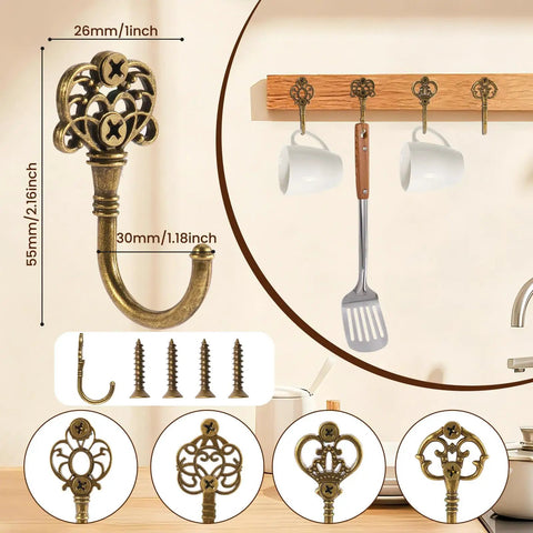 Image of Ten Pack Vintage Metal Wall Hooks Set With Bronze Finish Boho Style Decorative Hangers displayed with cups and utensils